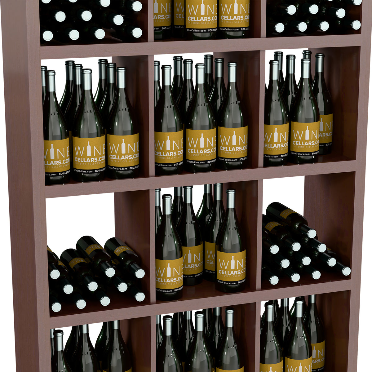 Close view of dark wood wine rack shelves with wine bottles and bottle rows