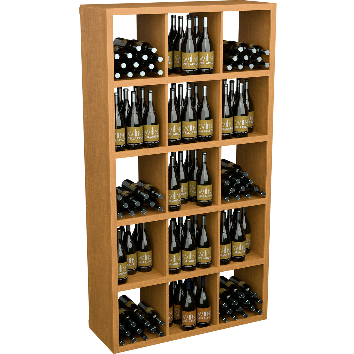 Wood wine bottle storage shelf with open cubbies and stacked wine bottles