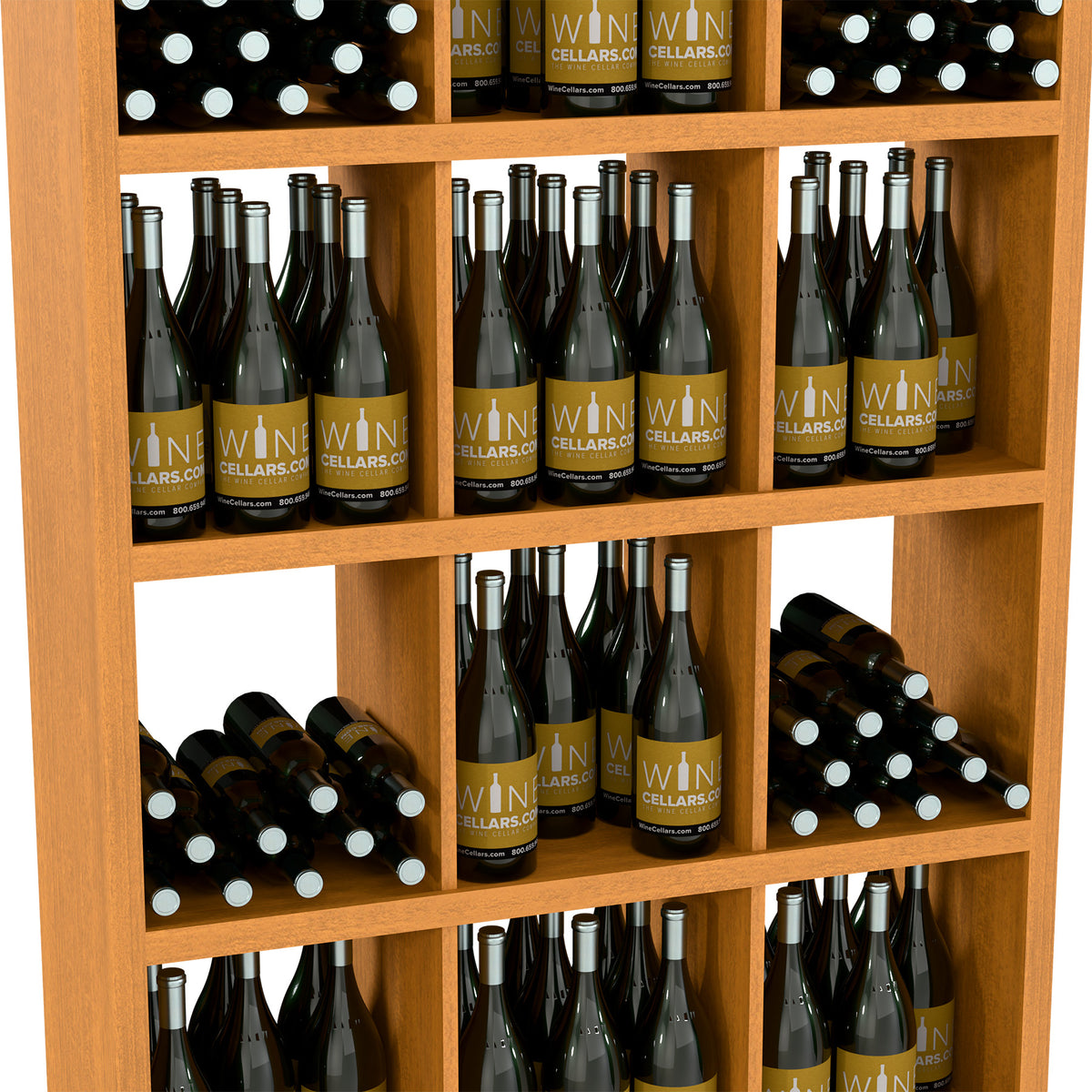 Close-up of rectangular wooden wine shelf with rows of wine bottles in cubbies