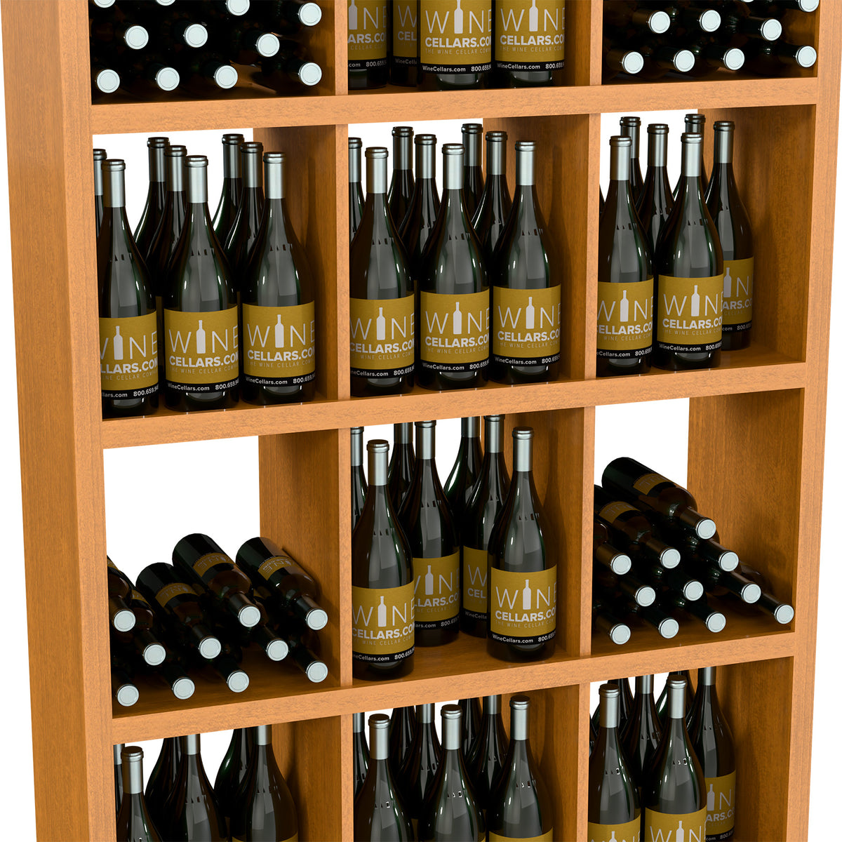 Close view of light wood wine rack shelves filled with wine bottles