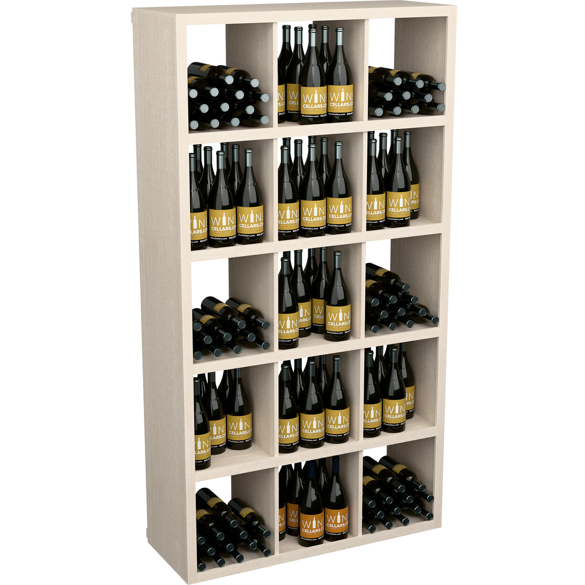 Rectangular wine bottle display shelf with light wood frame and front bottle rows
