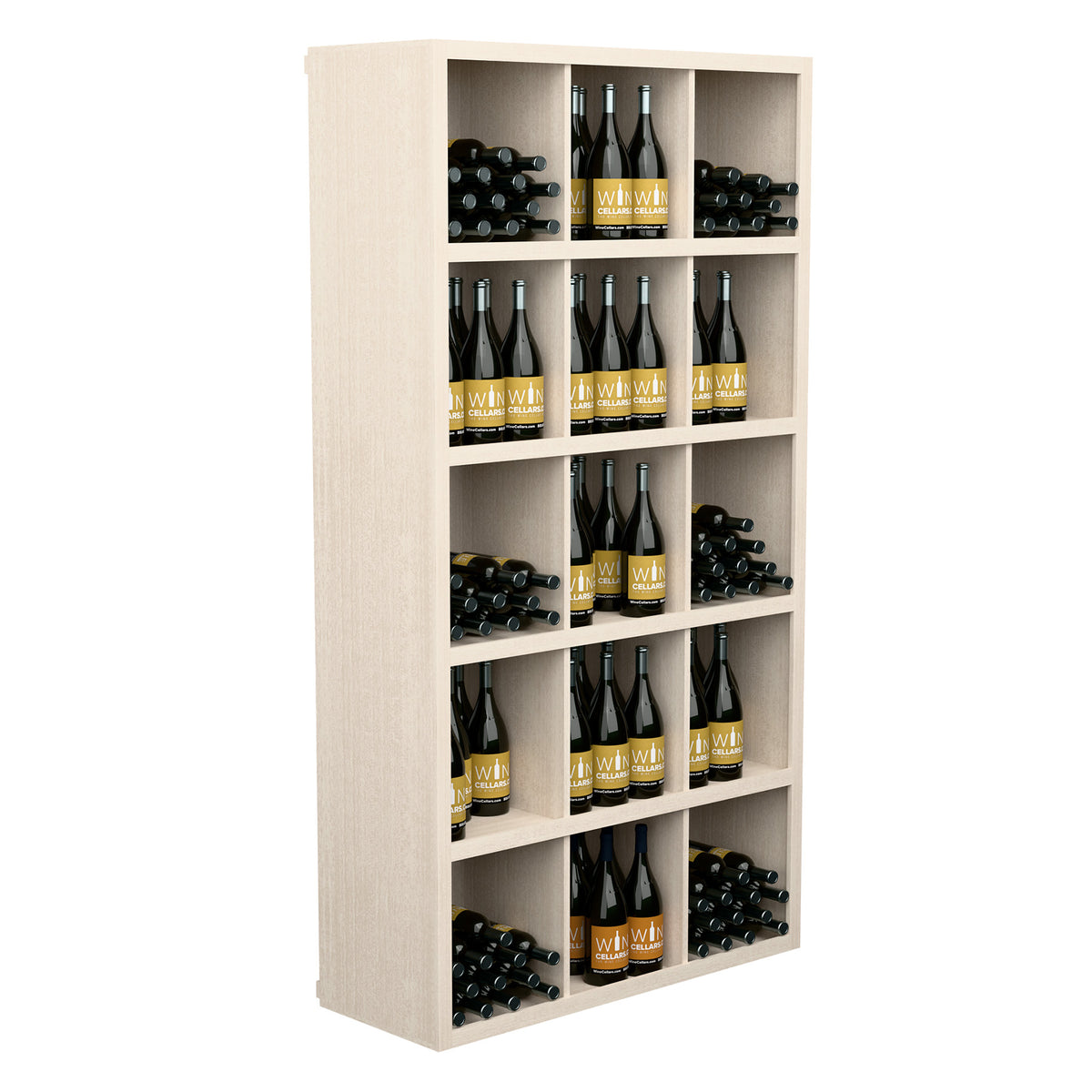Rectangular wine storage shelf with open front, light wood, stacked shelves for bottles