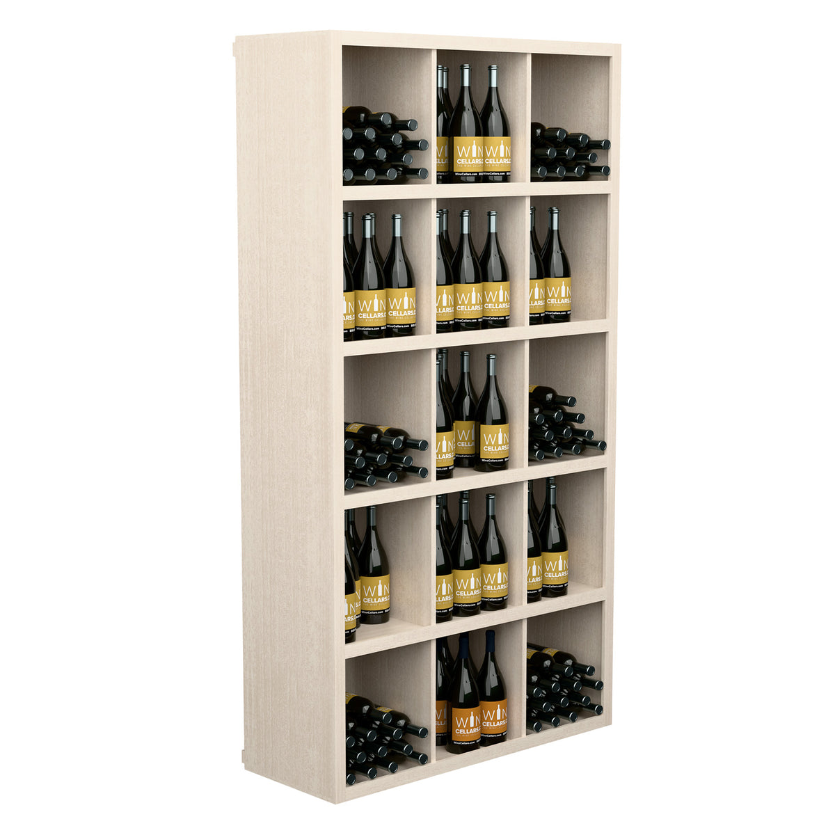 Light wood rectangular wine bottle bin with multiple open shelves holding bottles