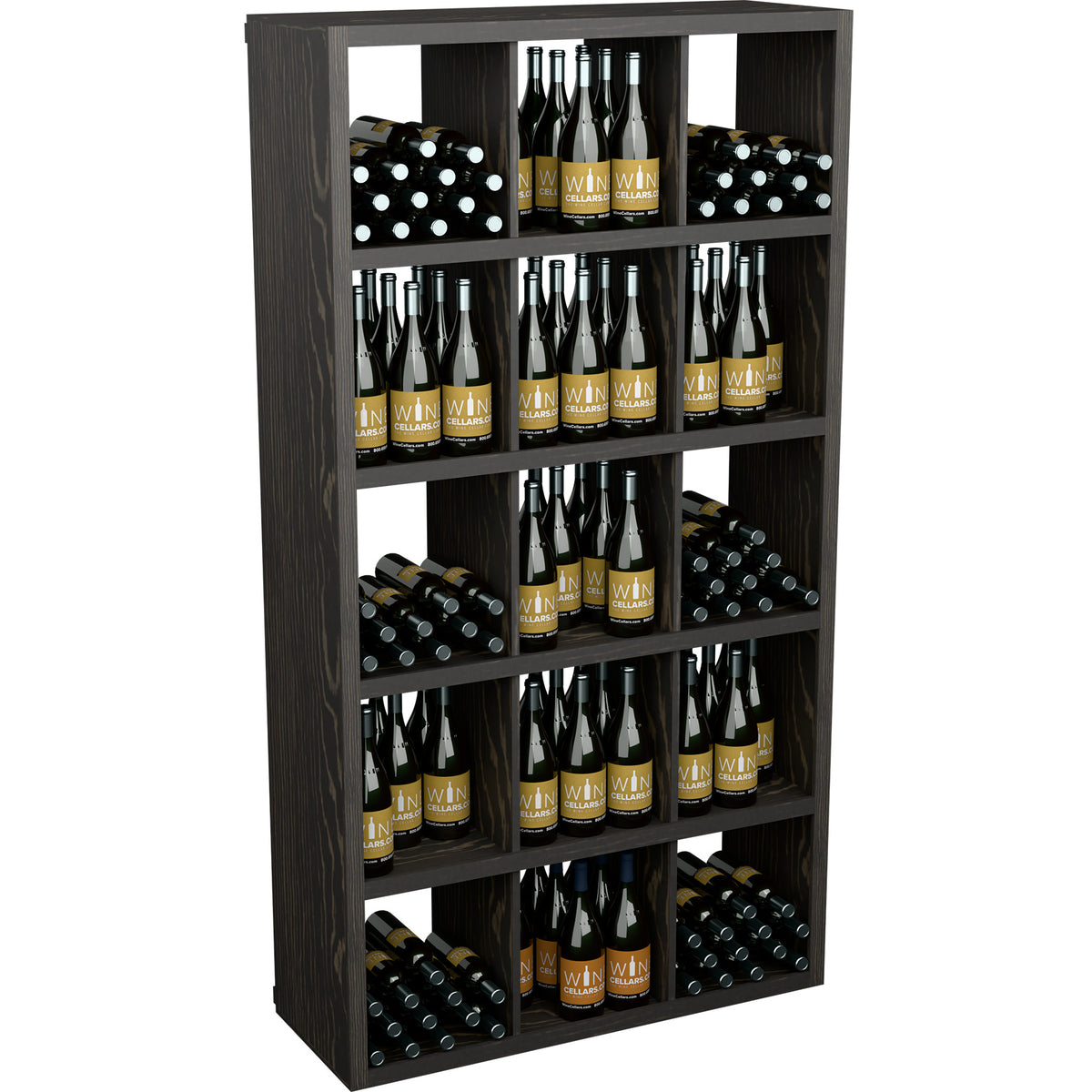 Dark wood wine bottle storage shelf with open cubbies and rows of bottles, 240 capacity.