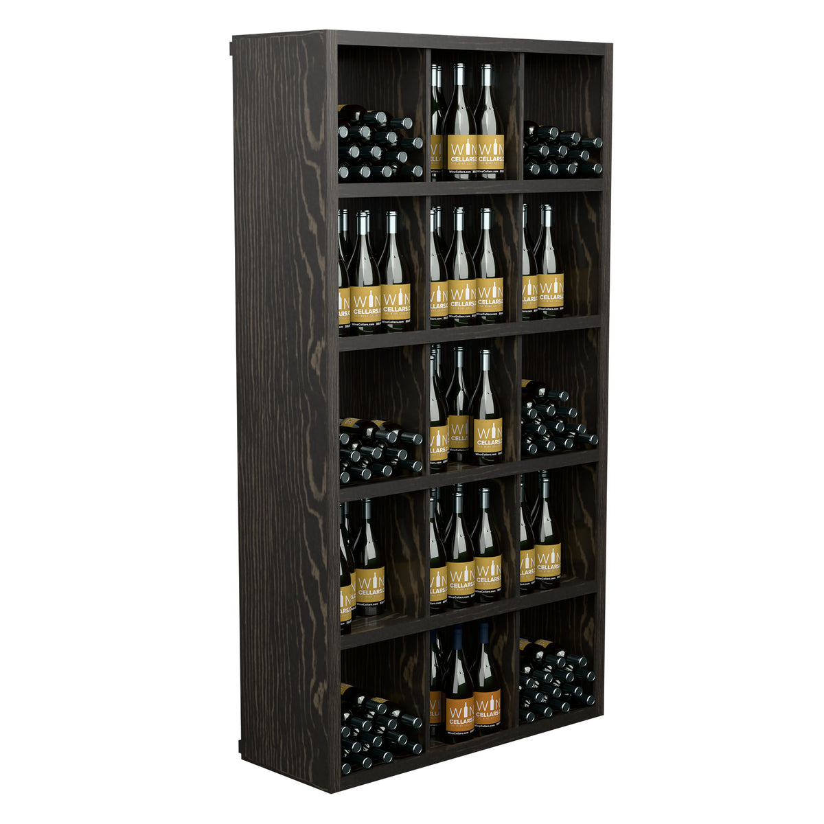 Dark wood wine bottle shelf unit with front display compartments and bottle rows