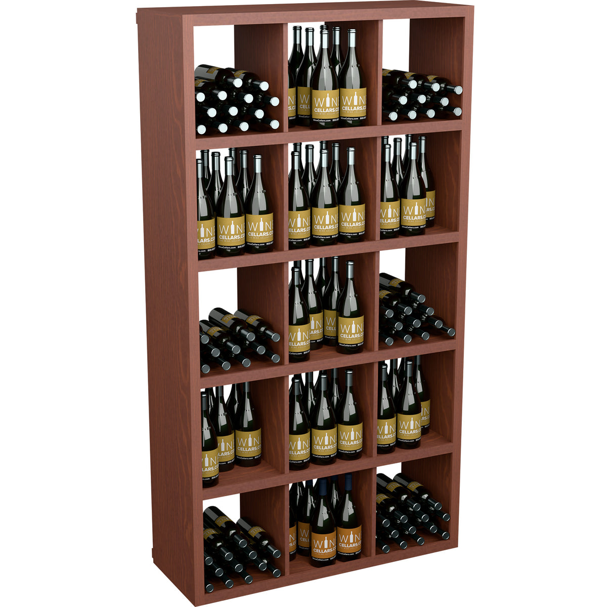Deep red-brown wood wine bottle storage cabinet with open shelves for rows of bottles