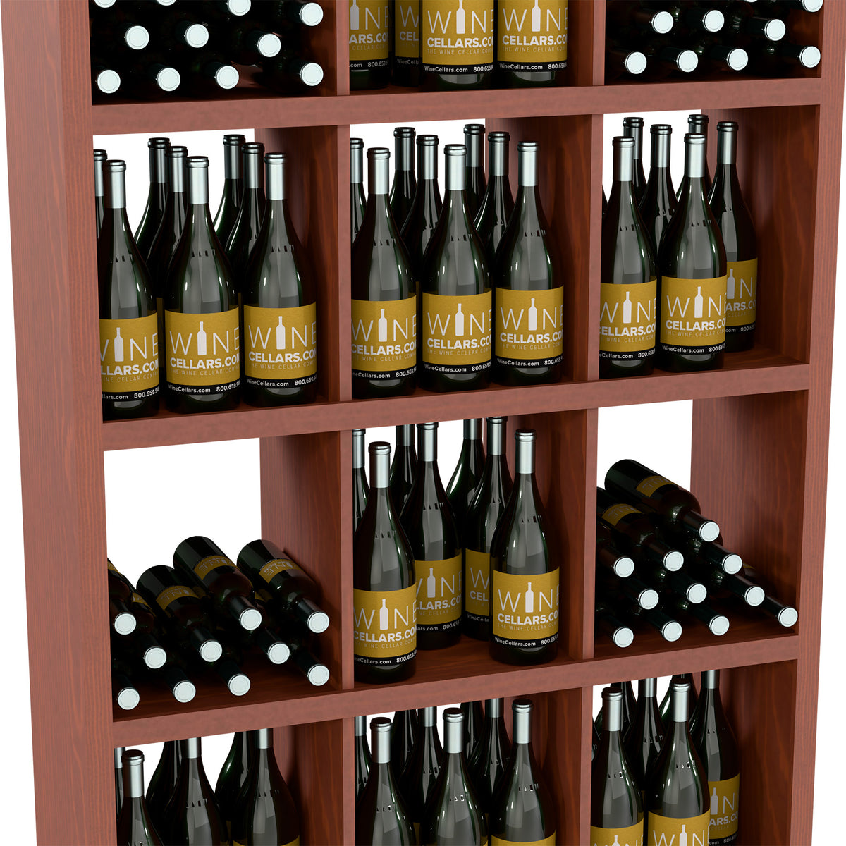 Brown wooden wine bottle storage cabinet with multiple cubby shelves filled with bottles