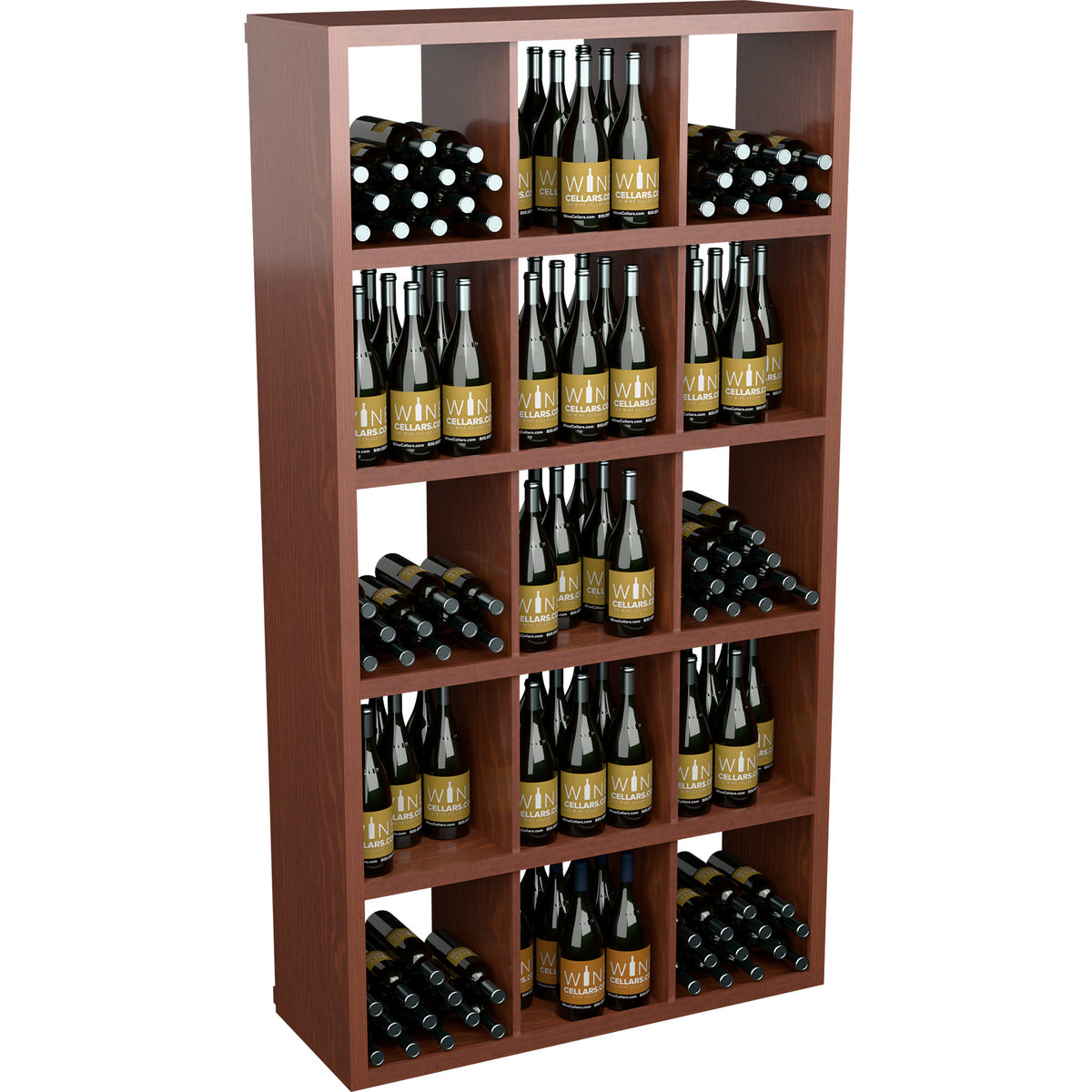 Medium-tone wood rectangular wine bottle bin with open shelves for bottle storage