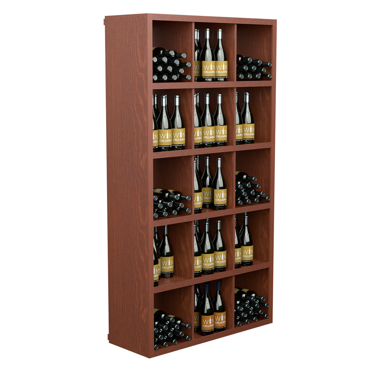 Warm wood wine bottle storage shelf with open front compartments for bottles