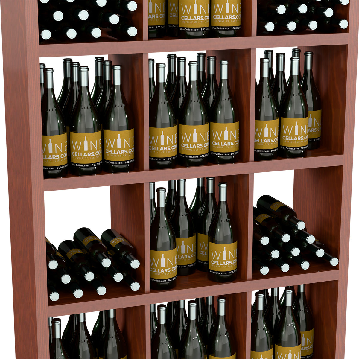 Front view of warm wood wine bottle shelf with upright rows and stacked bottles