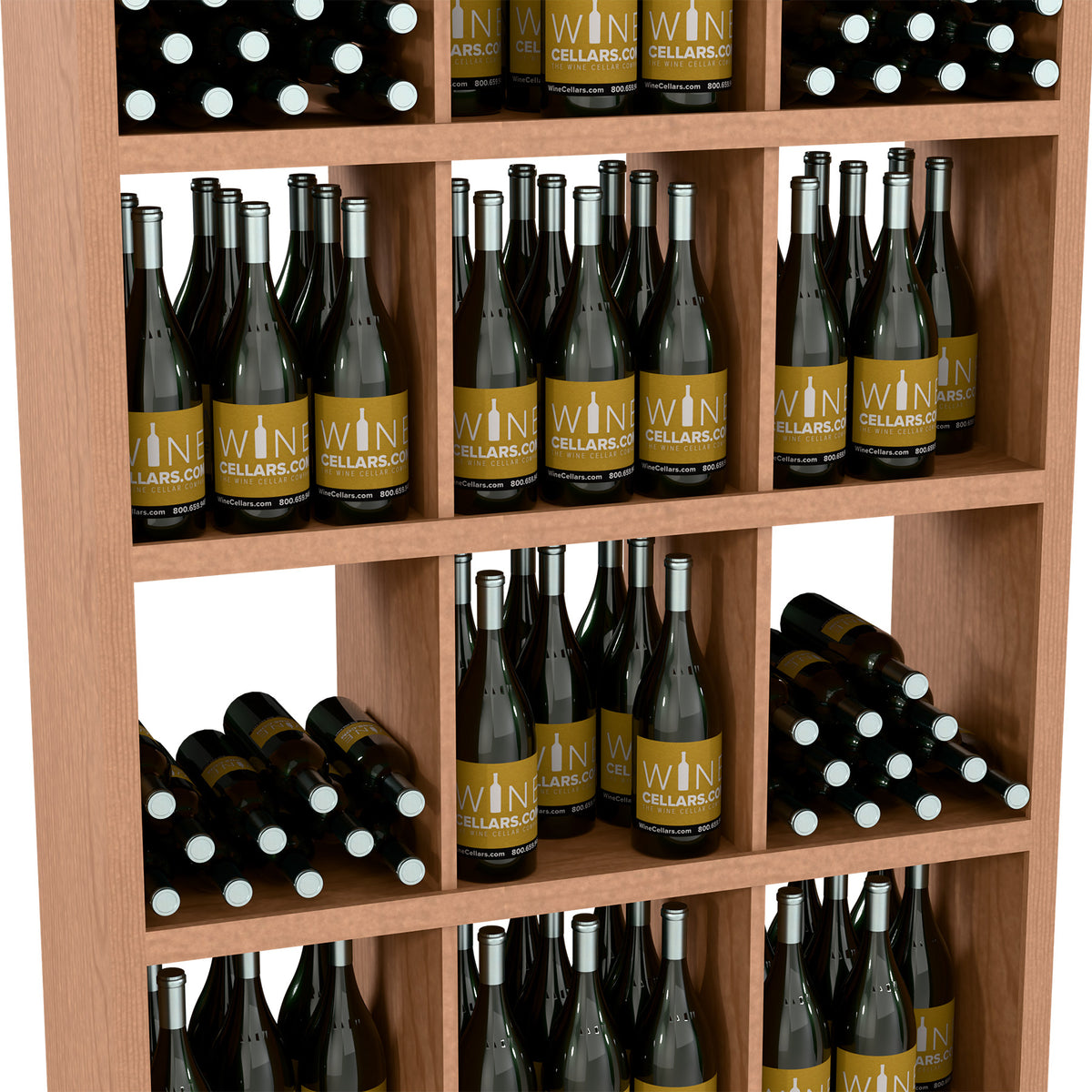 Front display of a wood wine cabinet with upright bottles and multiple storage compartments