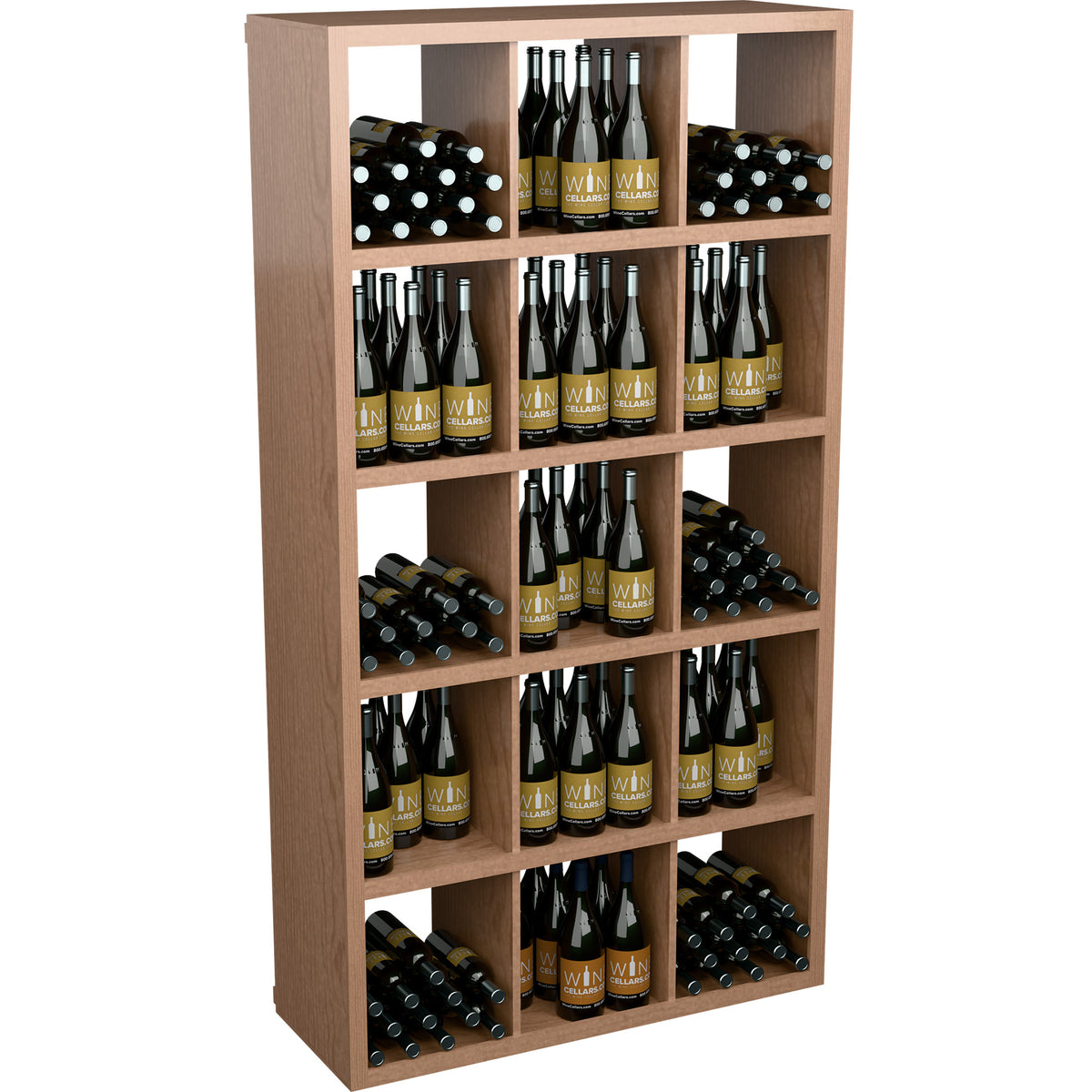 Warm wood rectangular wine bottle bin with multiple shelves for upright and horizontal bottles