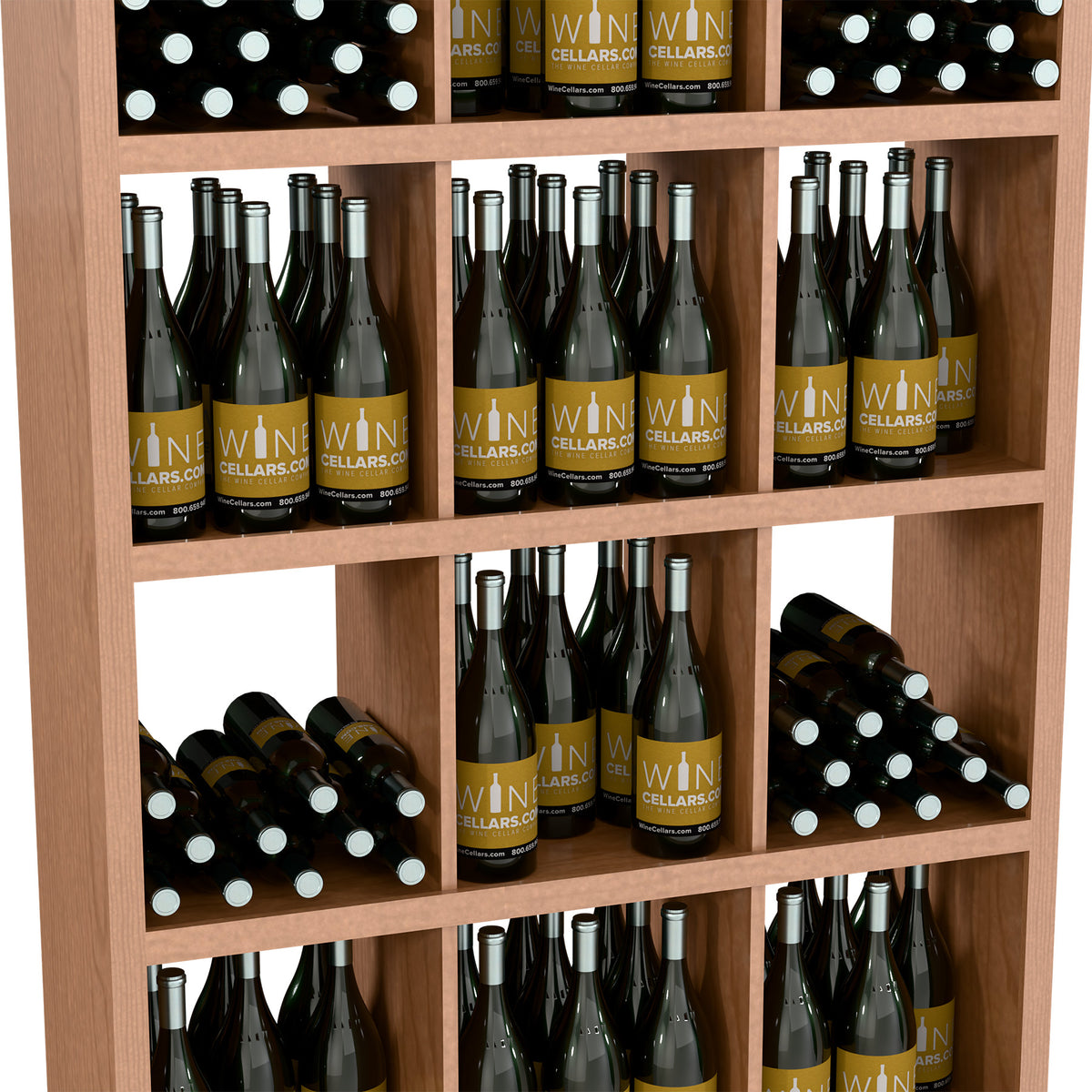 Wood rectangular wine bottle storage cabinet with open shelves filled with wine bottles