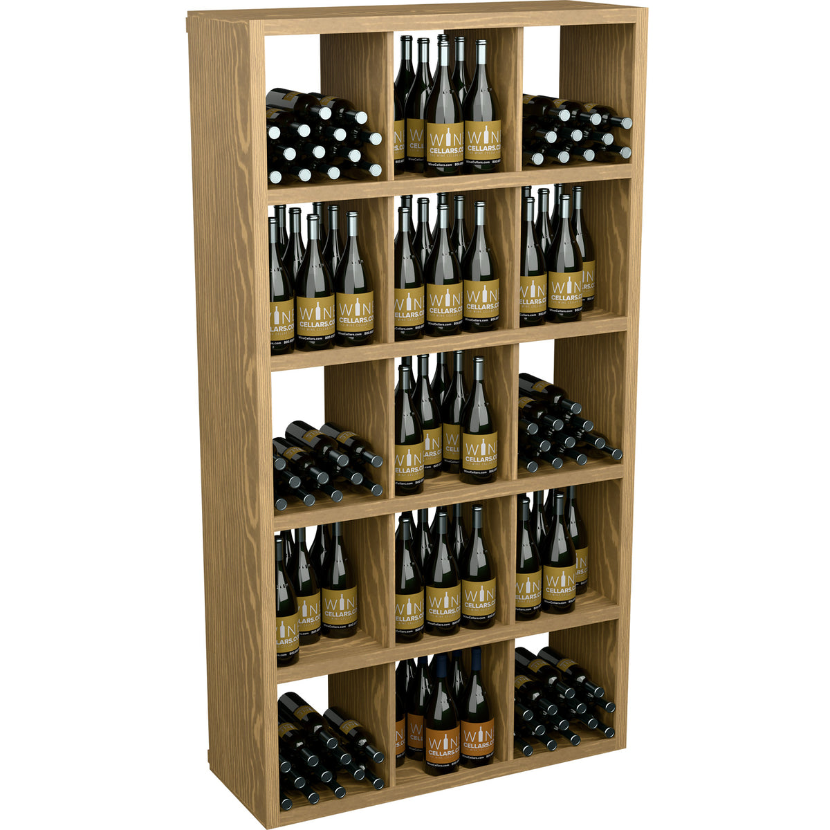Pale gray wood wine bottle storage shelf with open cubbies and rows of bottles, 240 capacity.
