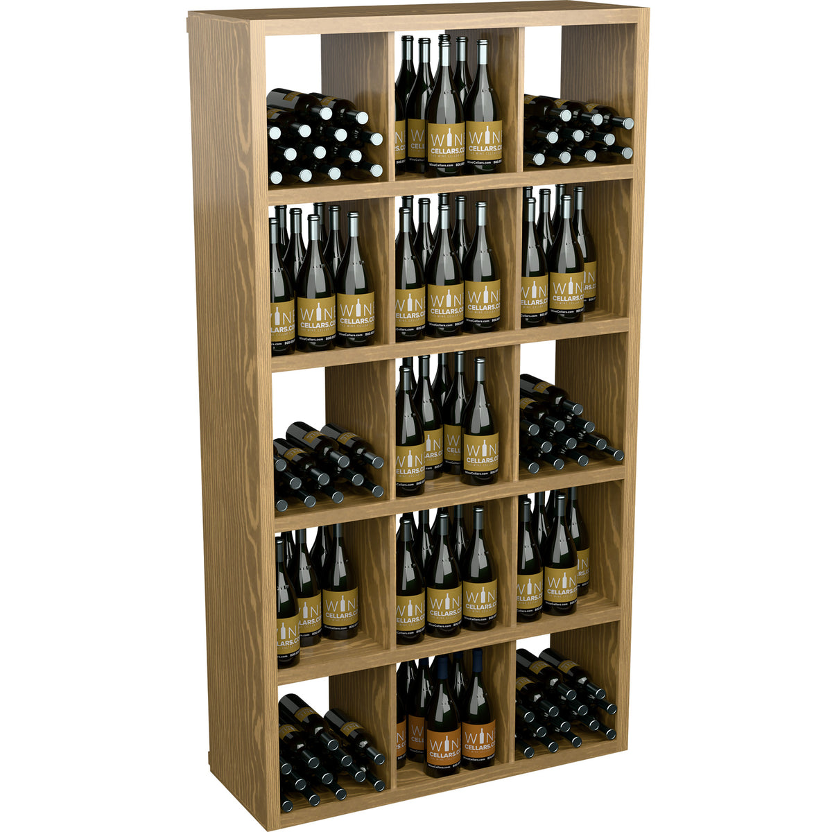 Wood rectangular wine storage cabinet with multiple open shelves of wine bottles