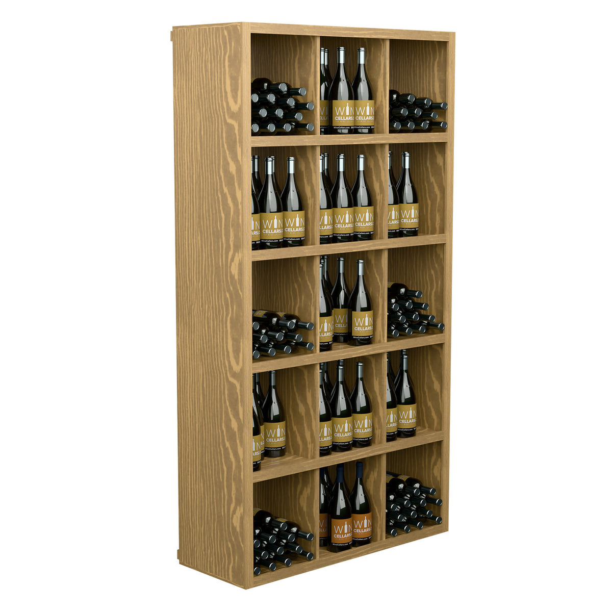 Wood rectangular wine storage cabinet with open shelving and rows of wine bottles