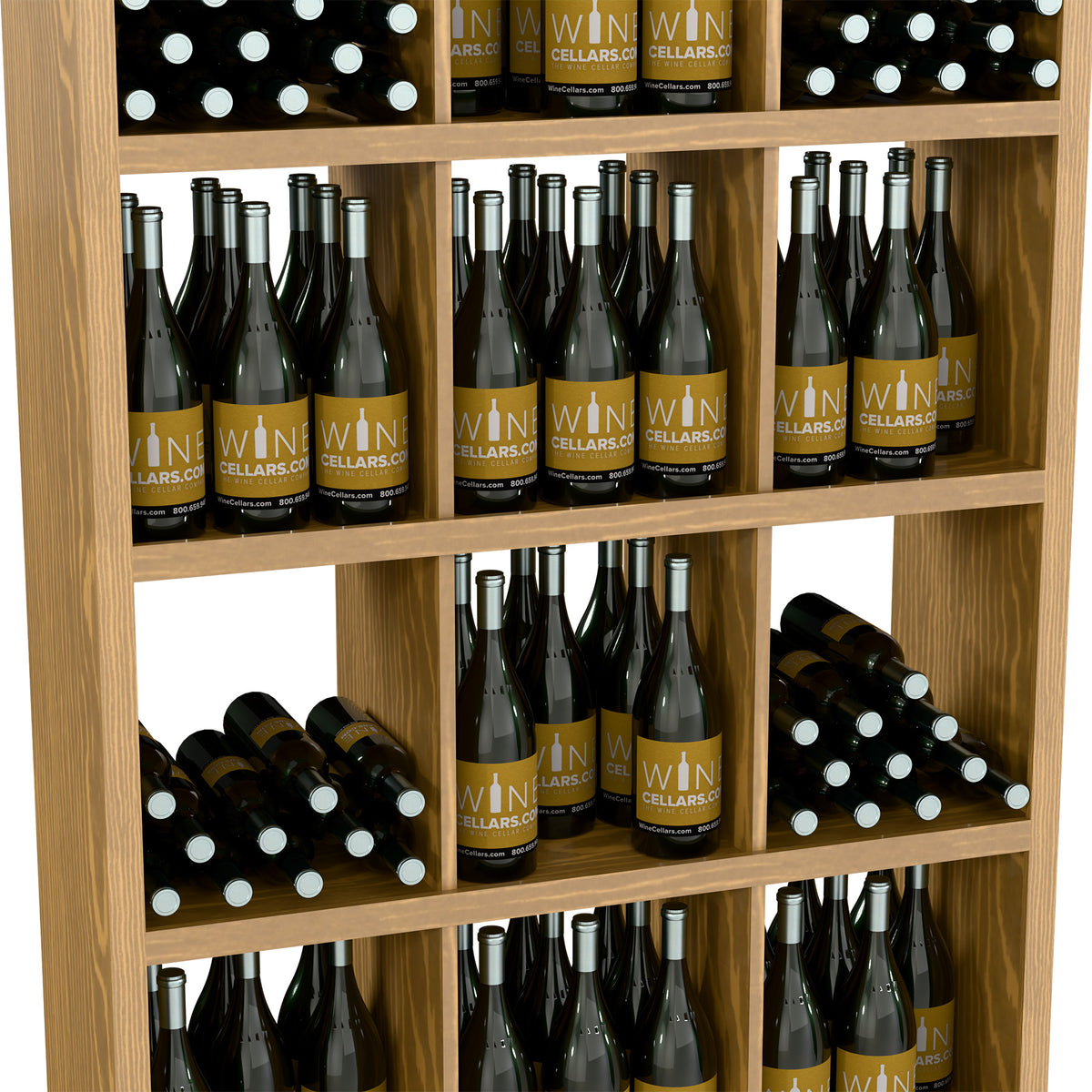 Wood rectangular wine bottle storage cabinet showing open front shelves with wine bottles