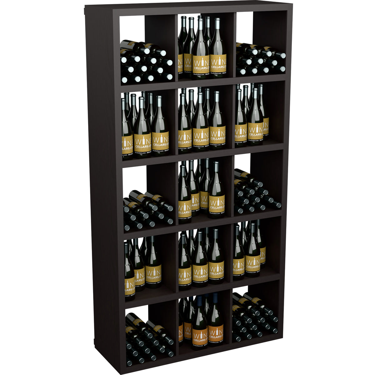 Wood wine bottle storage shelf with open cubbies, filled with bottles, dark black finish
