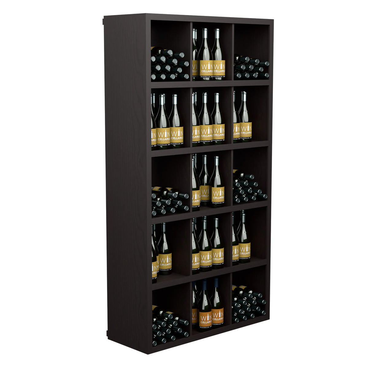 Dark wine bottle storage cabinet with open cubbies and neatly arranged bottles