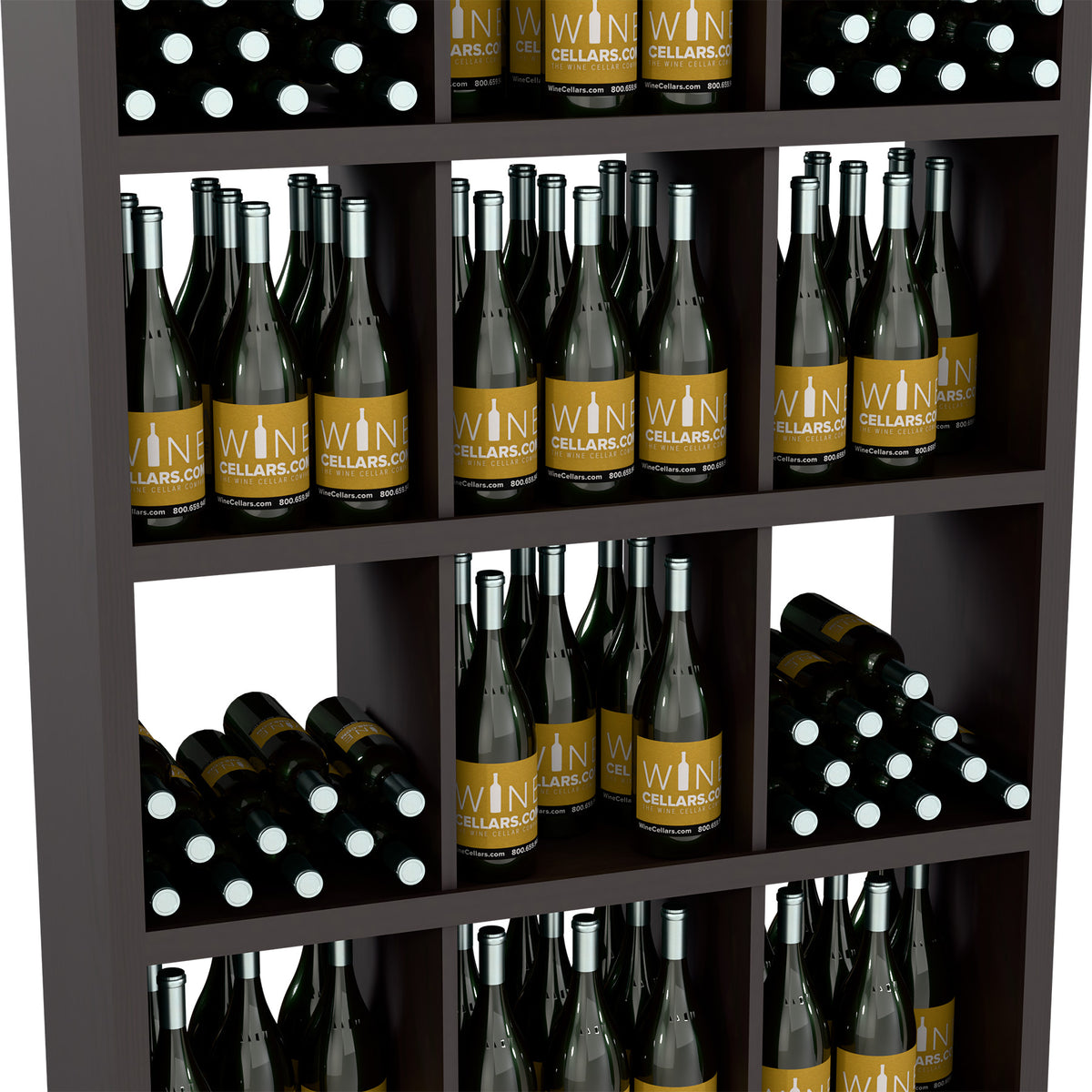 Rectangular wine bottle display shelf with stacked wine bottles in four front sections
