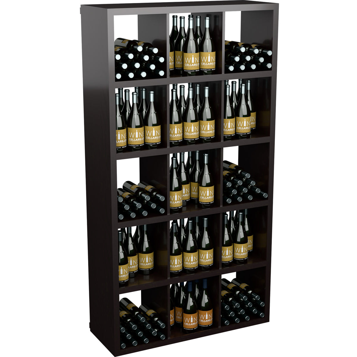 Dark rectangular wine bottle storage cabinet with open shelves filled with wine bottles