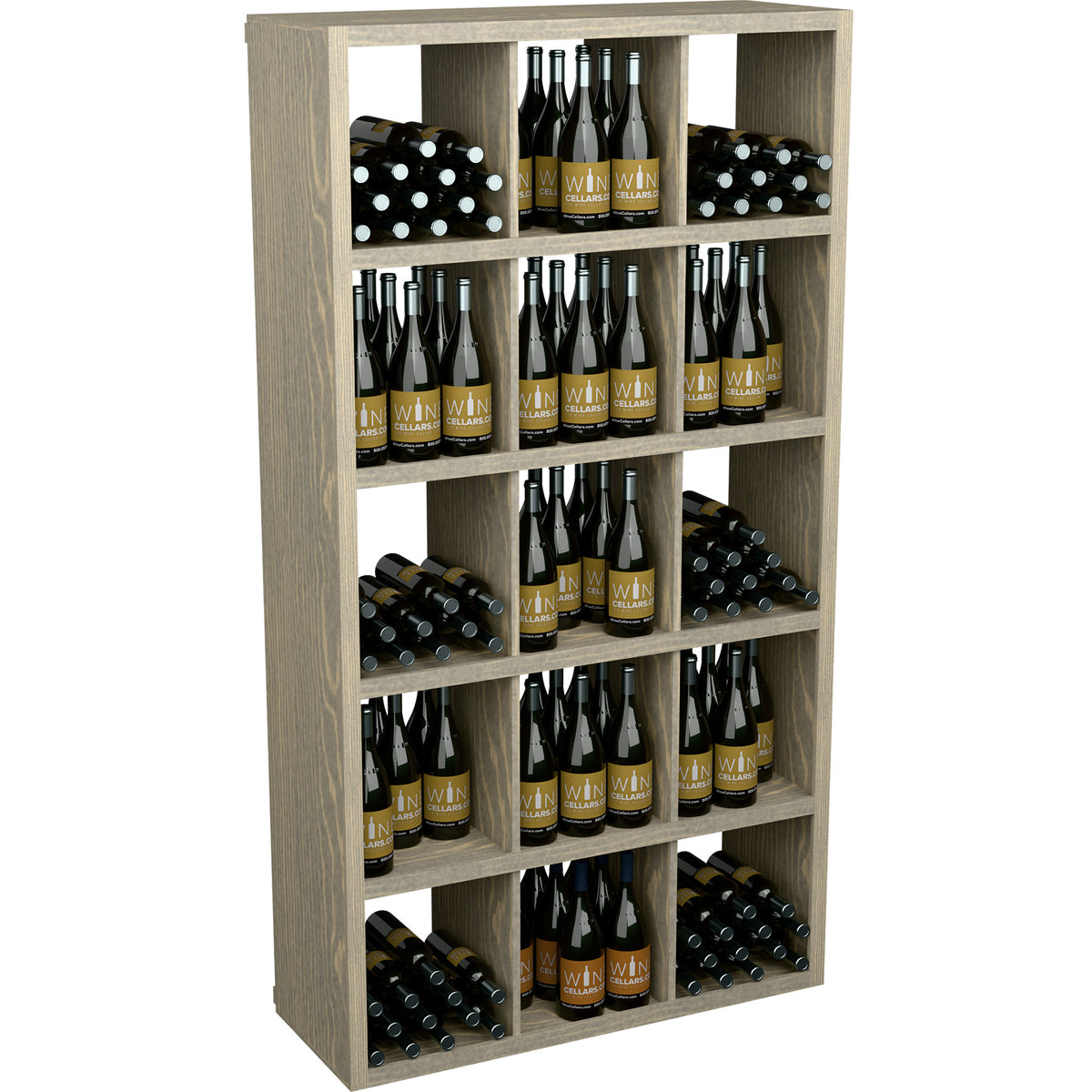 Gray wood wine bottle storage shelf with open compartments and bottle displays