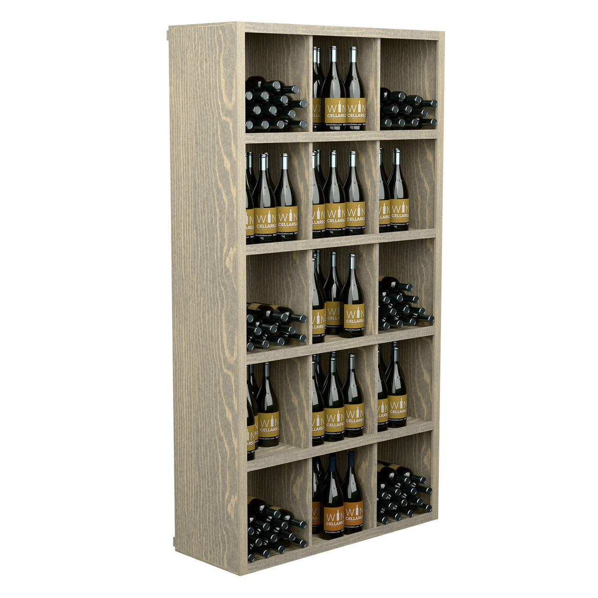 Weathered light wood wine bottle storage cabinet with open shelves and bottles