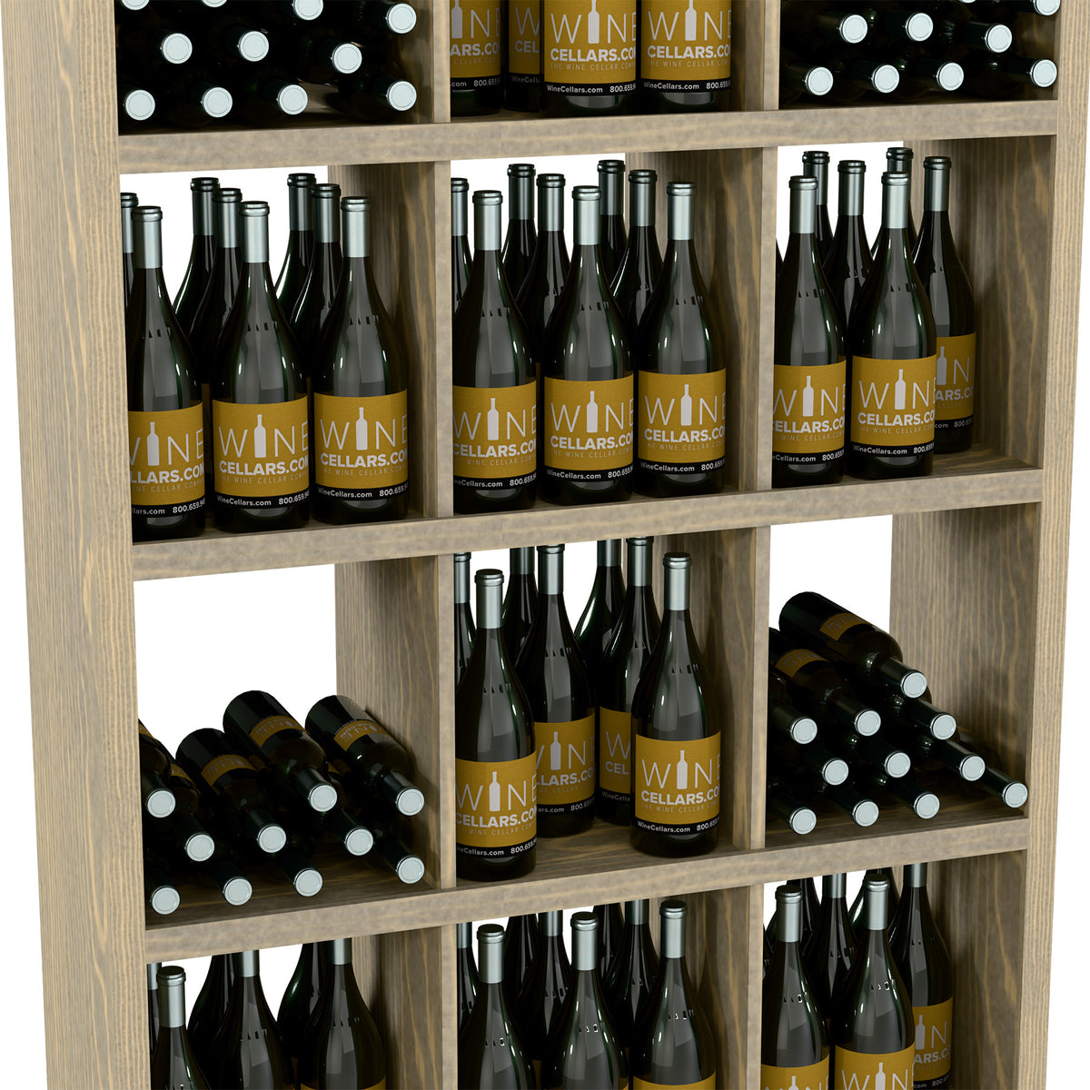 Natural wood wine bottle storage shelf with multiple rows of filled bottles and crates