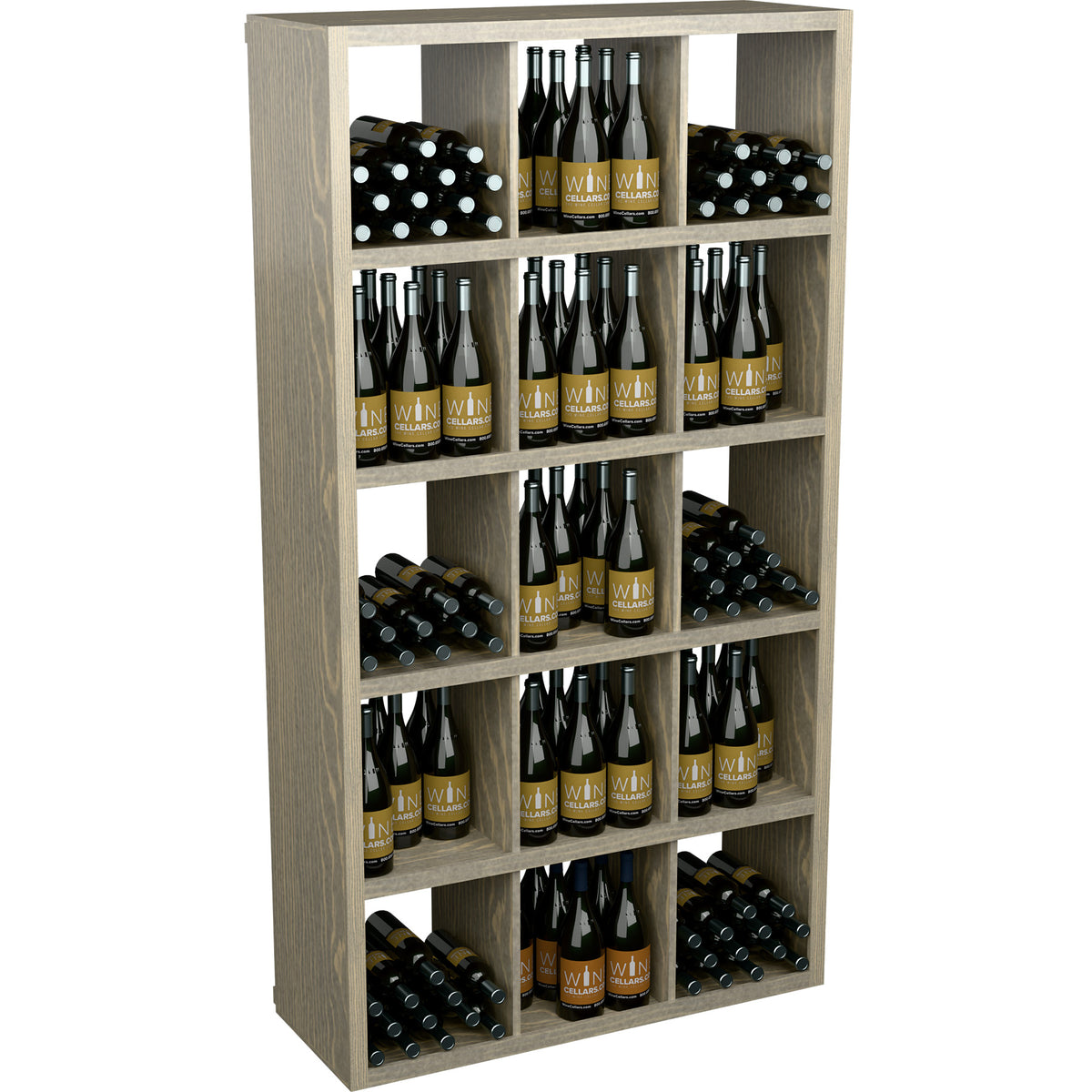 Light wood rectangular wine storage cabinet with multiple open shelves holding wine bottles