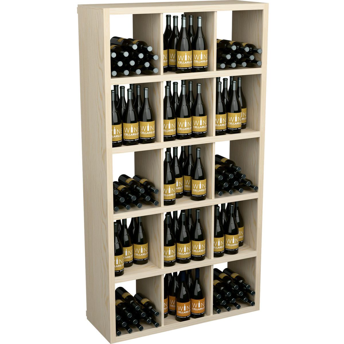 Whitewashed wood wine bottle storage shelf with open cubbies and arranged bottles