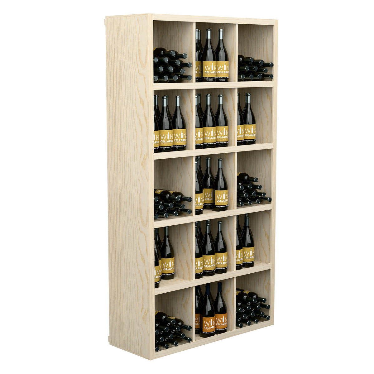 Pale wood wine bottle storage cabinet with open shelves for bottles