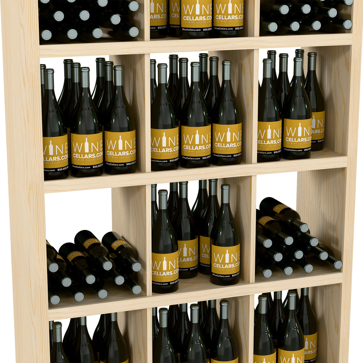 Light wood wine bottle rack with front cubbies filled with bottles and a bottom row