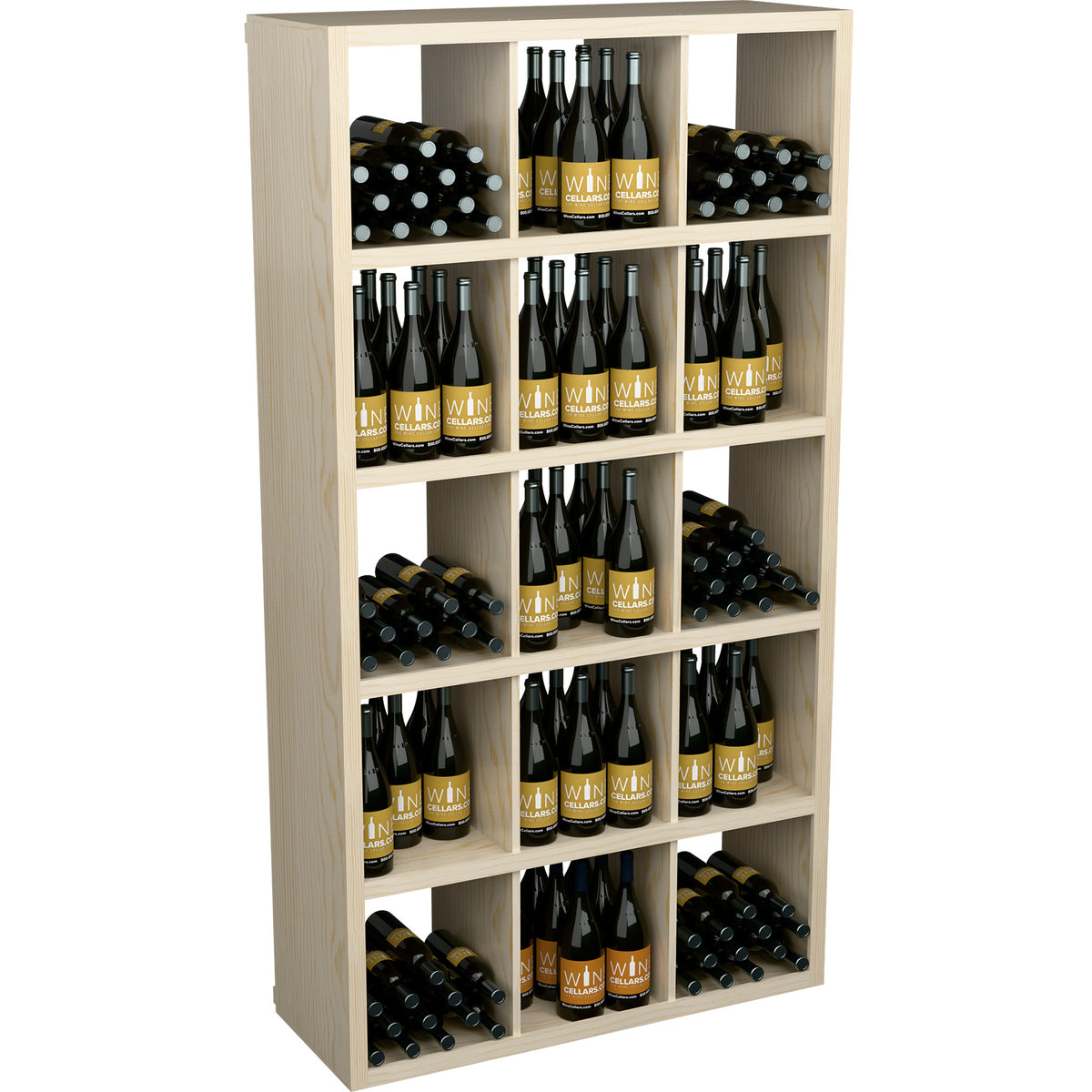 Light wood rectangular wine bottle shelf with open cubbies and stacked bottles