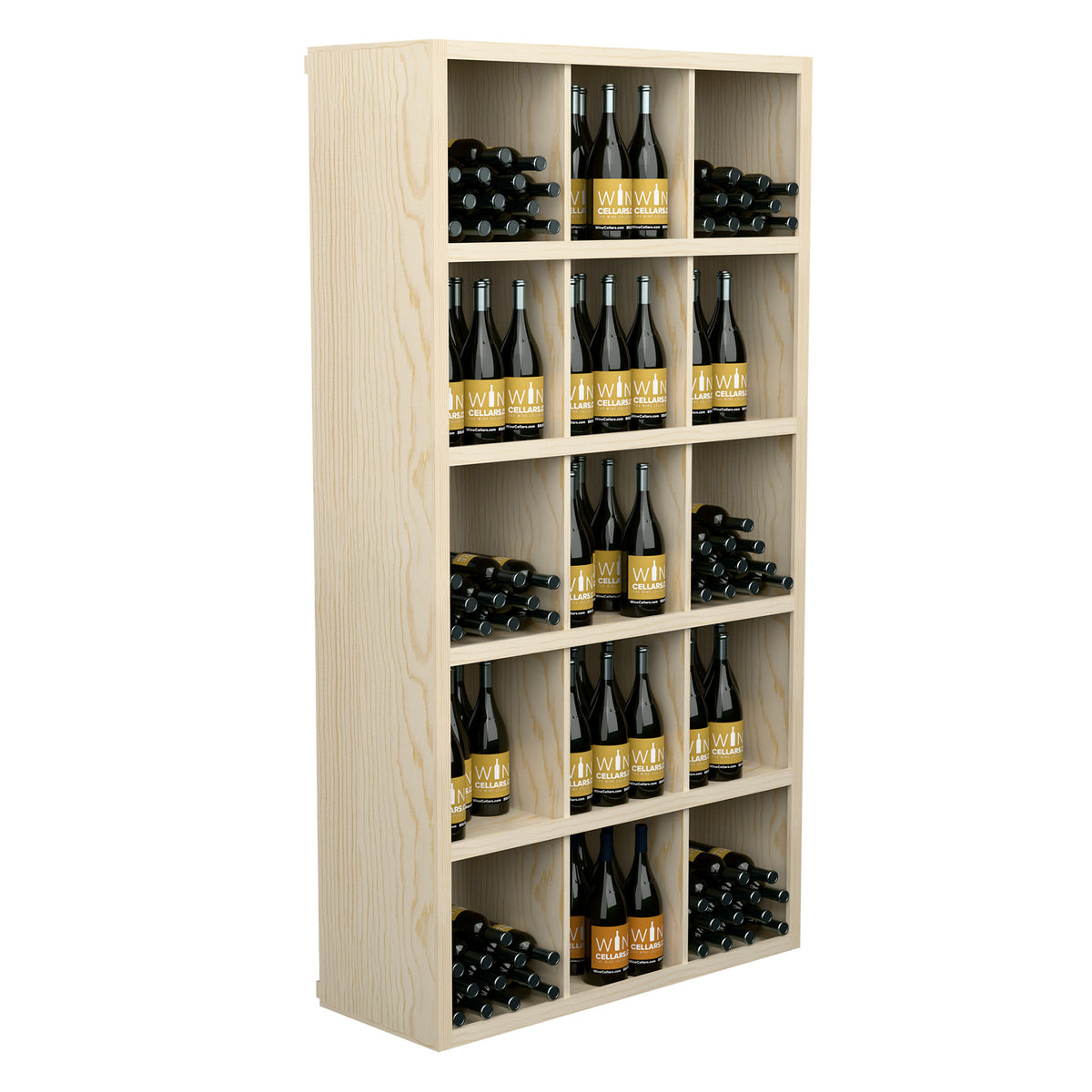 Light wood wine bottle storage cabinet with vertical shelves and arranged bottles
