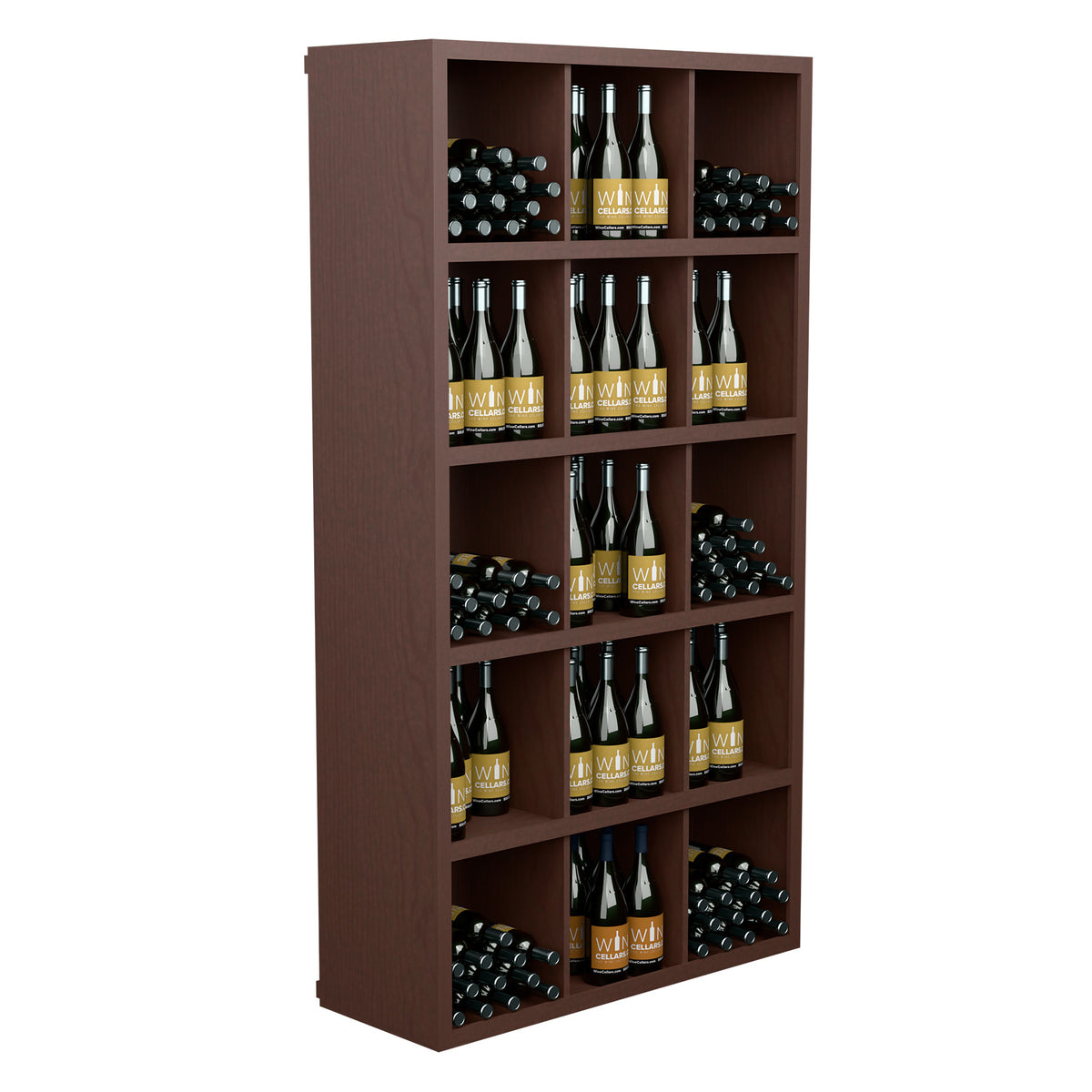 Espresso-brown wine bottle storage shelf with open cubbies and bottle rows