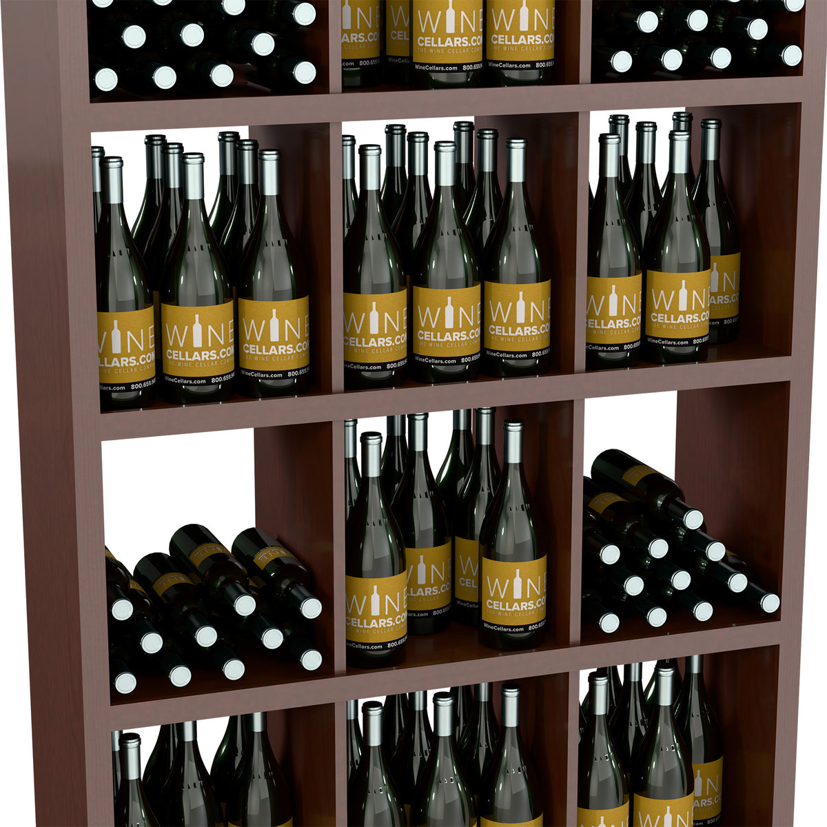 Close-up of dark brown wine bottle shelf compartments filled with bottles