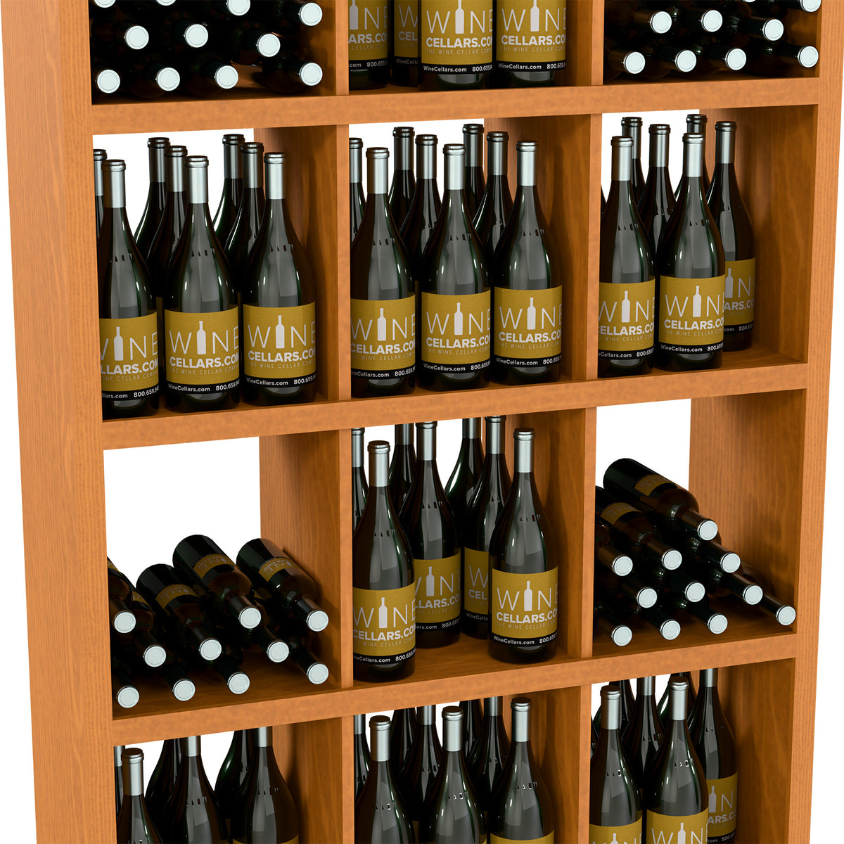 Wood wine bottle rack with open cubbies, bottles arranged on three visible shelves