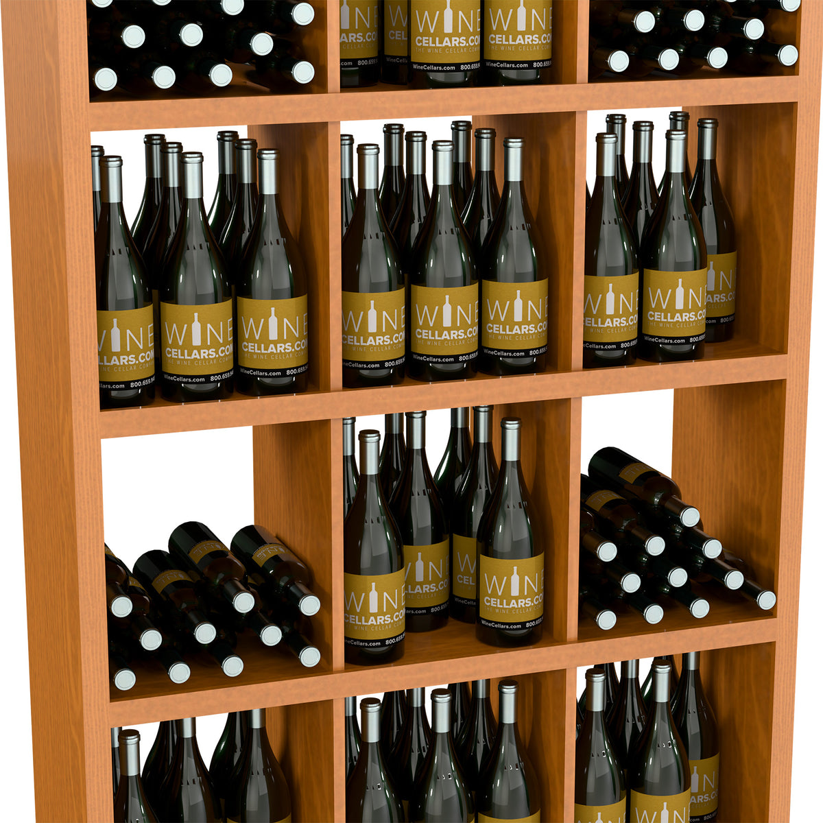 Front view honey wood wine bottle shelf with cubbies packed with bottles