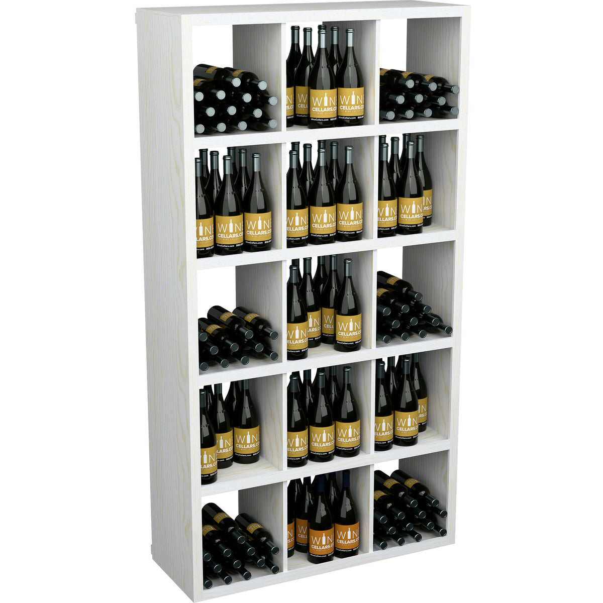 White wood wine bottle storage cabinet with open shelves holding rows of bottles
