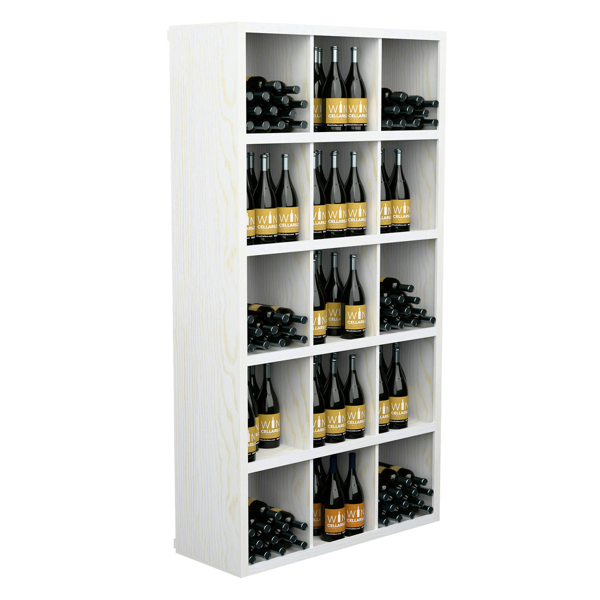 Whitewashed wine bottle storage shelf with open cubbies and rows of bottles