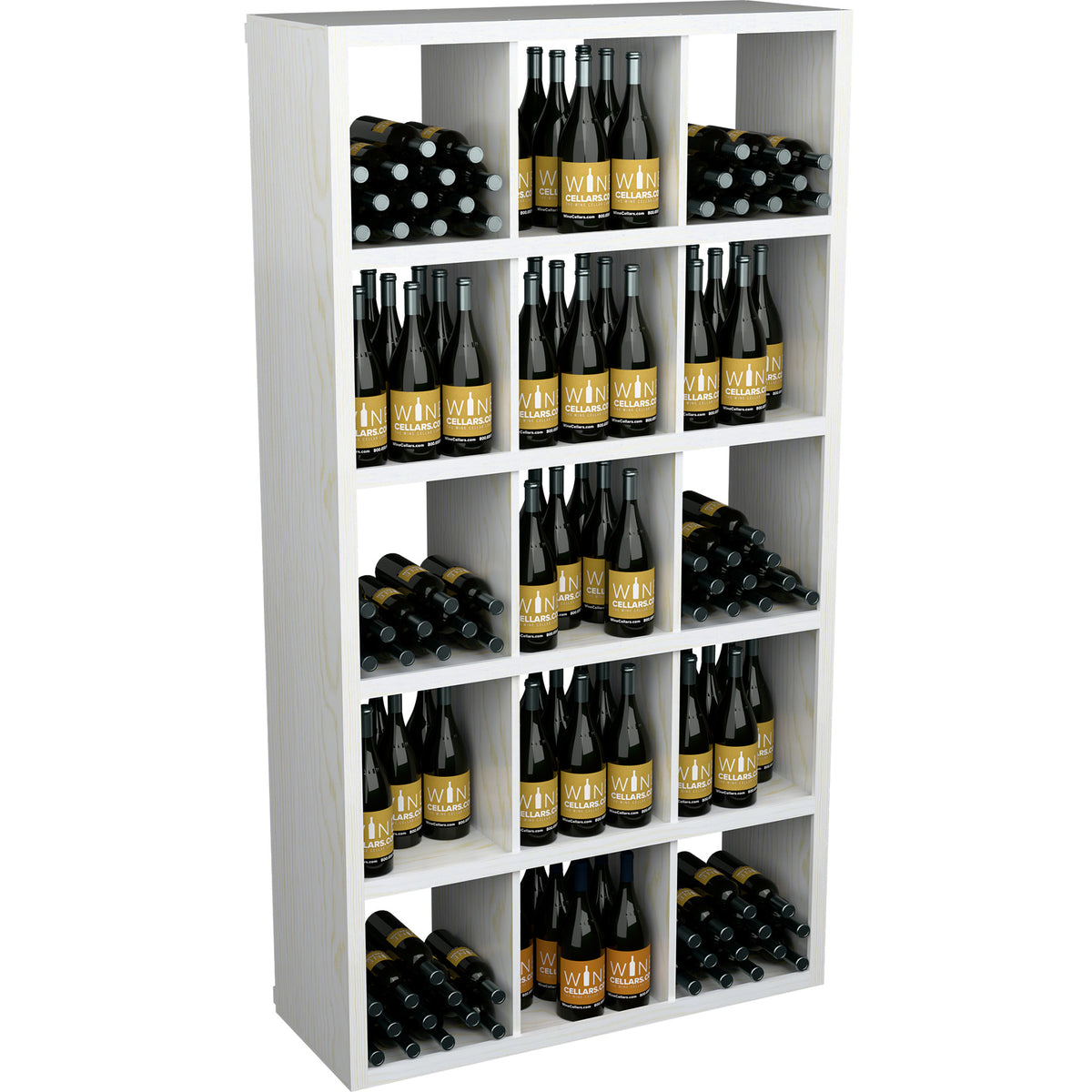 Whitewashed wood rectangular wine bottle shelf with open cubbies and stacked bottles