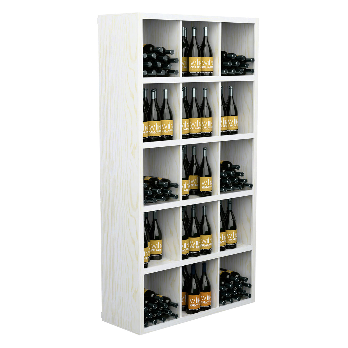 White rectangular wine bottle storage cabinet with open shelving and bottle rows
