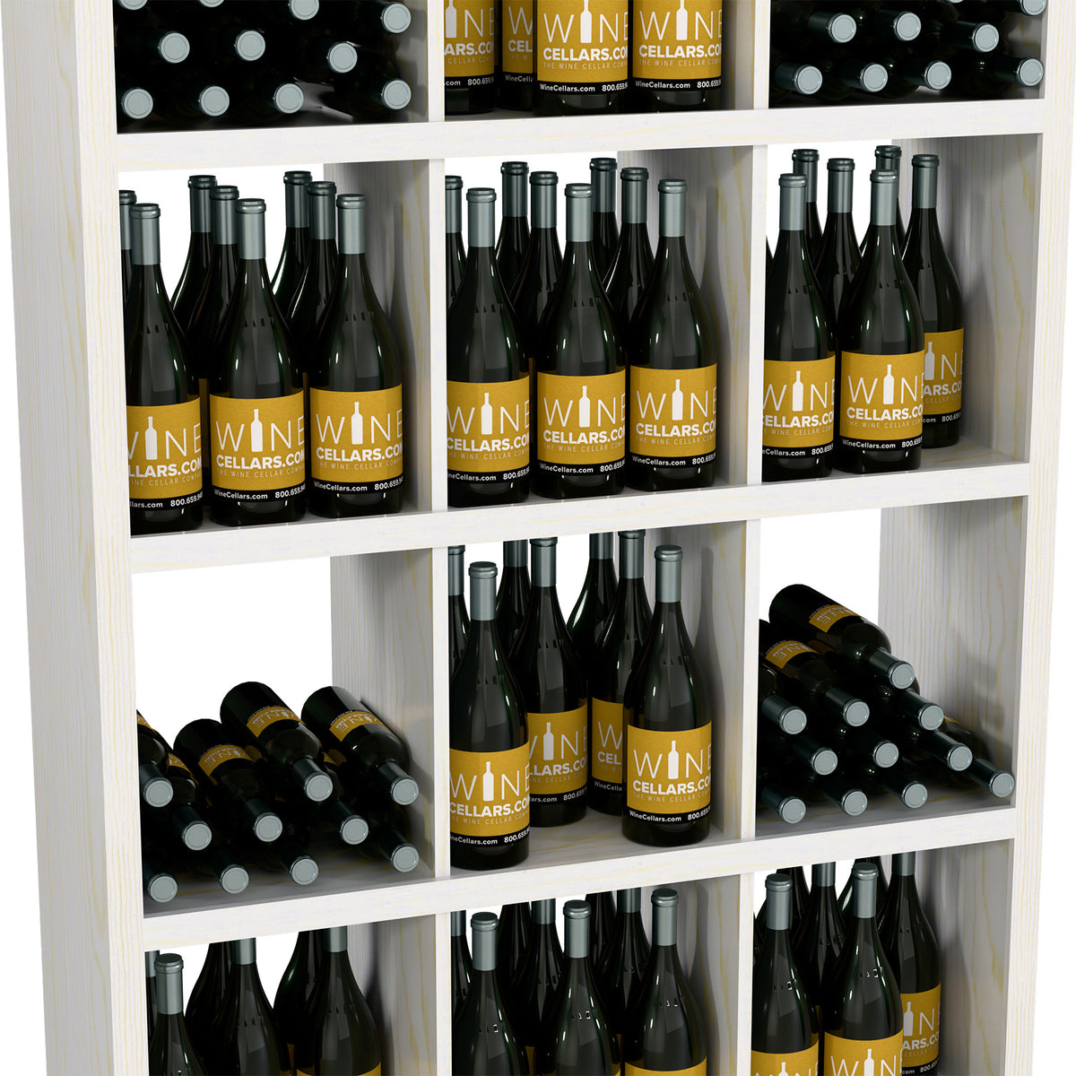 White wine shelf cabinet interior with multiple rows of bottles and wire dividers