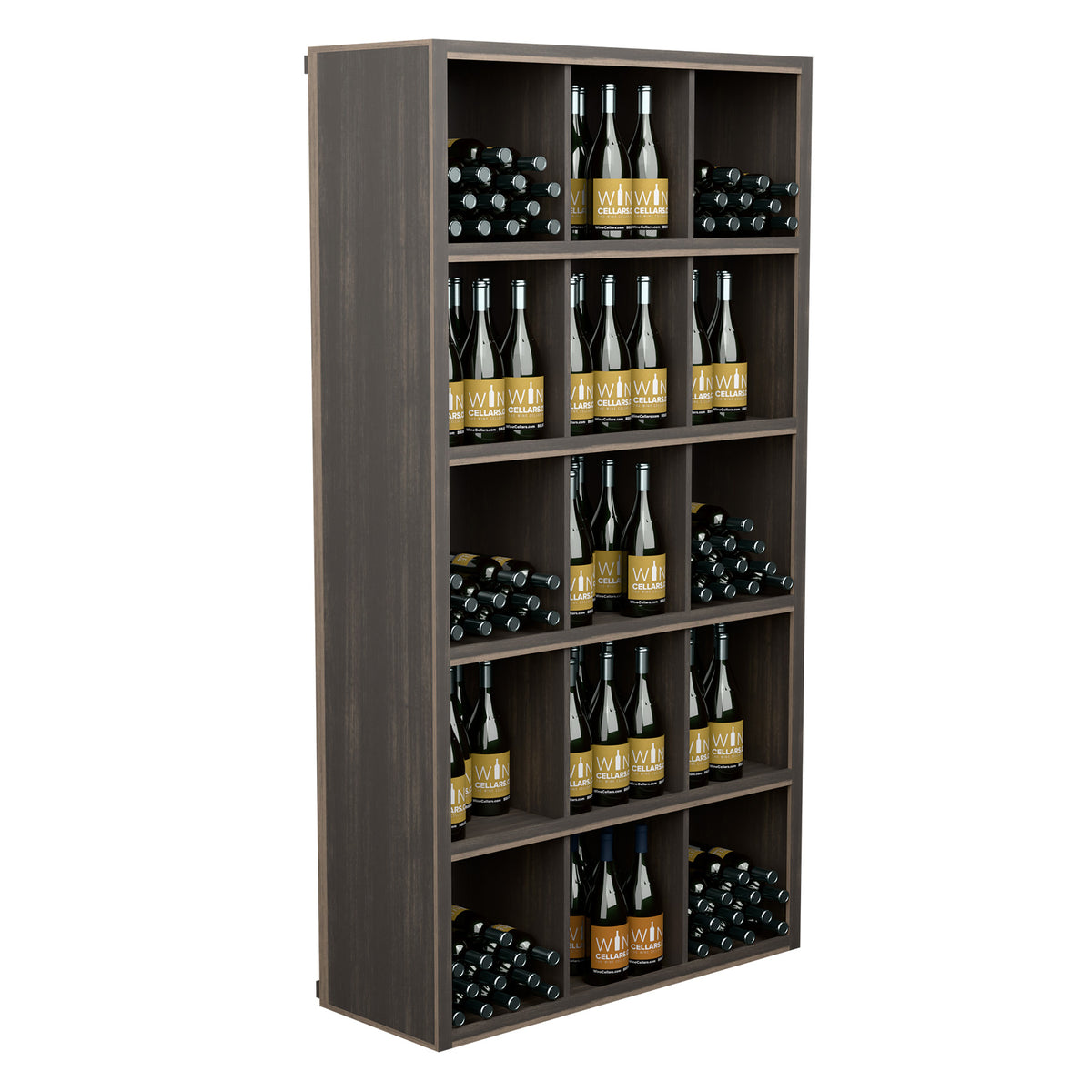 Rectangular wine storage shelf with open front, gray-toned wood, multi-tier bottle storage