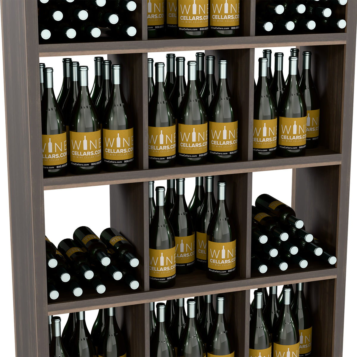 Rectangular wine bottle display shelf with wine bottles arranged in four shelf levels