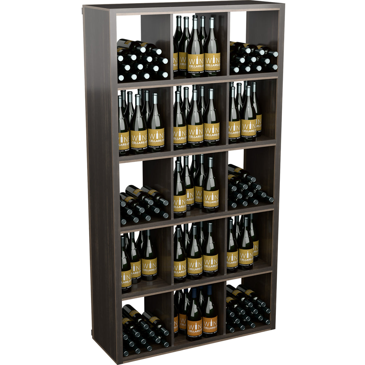 Dark brown rectangular wine bottle storage cabinet with open front shelving rows