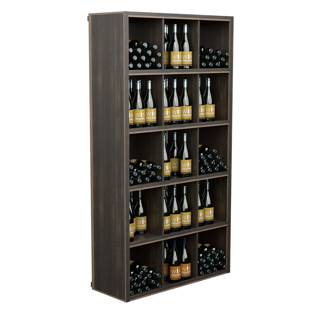 Dark brown wine bottle storage cabinet with open shelves and neatly organized bottle rows