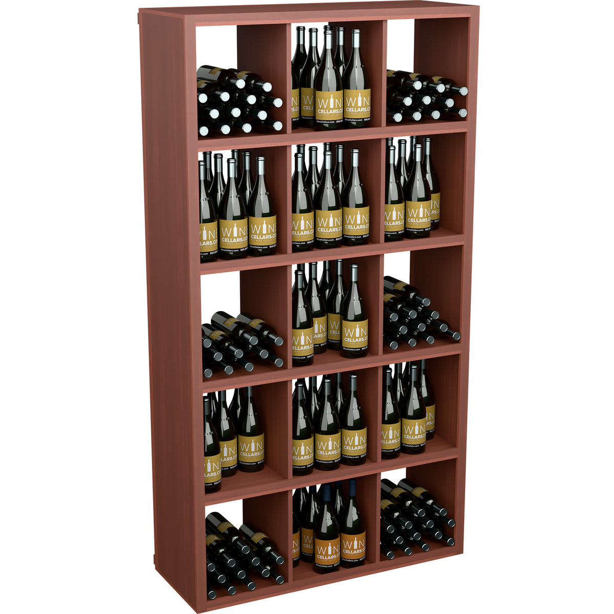 Reddish-brown wood wine bottle storage cabinet with open shelves for rows of bottles