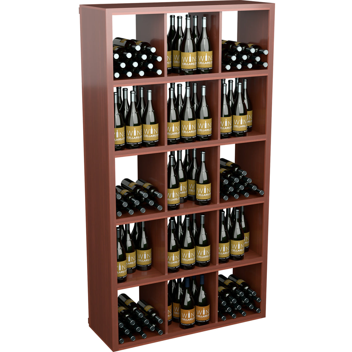 Red-brown rectangular wine bottle storage cabinet with open shelving and bottle rows
