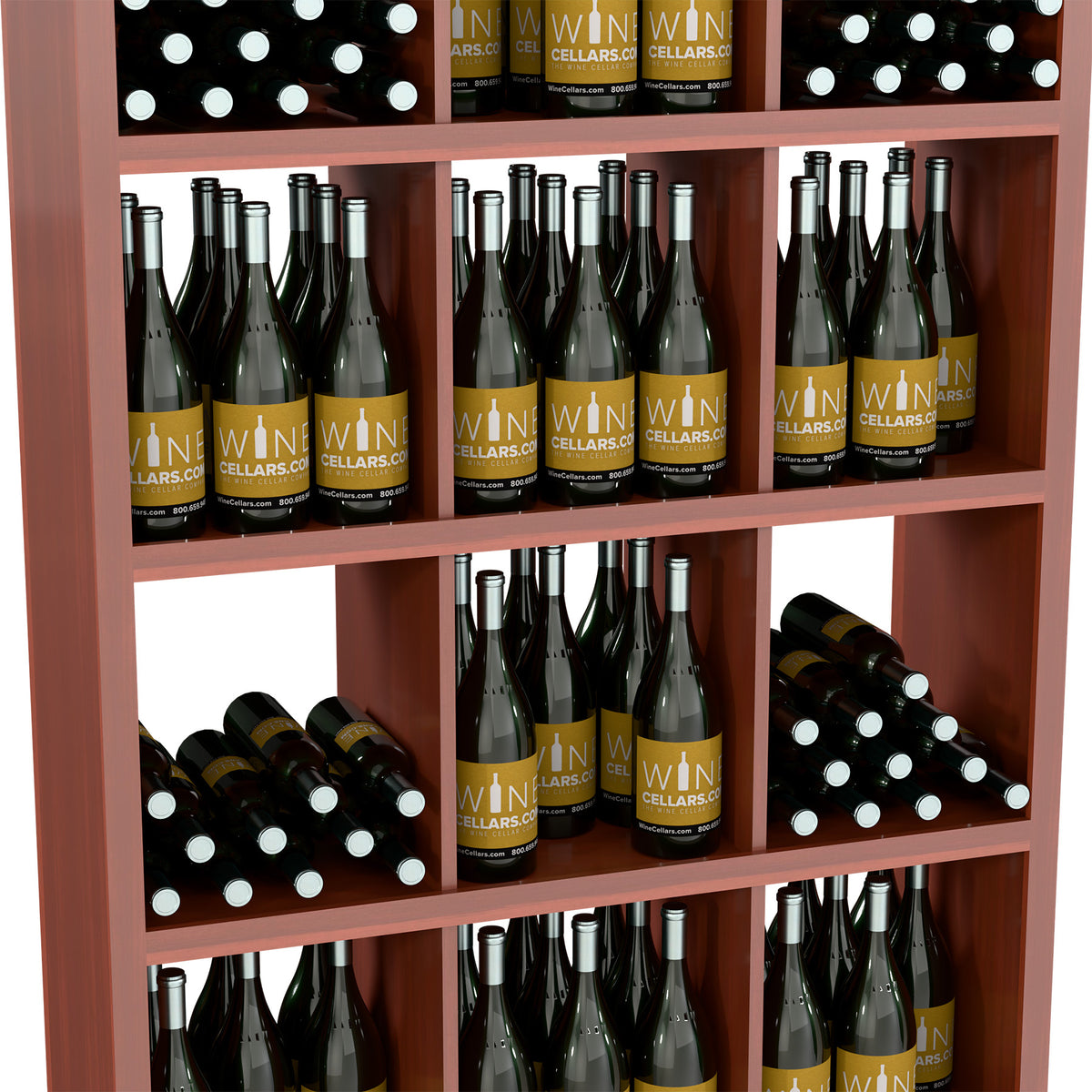 Red-brown wine shelf cabinet interior with bottle rows and compartment dividers